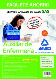 paquete ahorro auxiliar enfermeria del servicio andaluz de salud (incluye temario comun, temario especifico, volumenes 1,2 y 3, test, examen y acceso a campus oro)-9788414216217