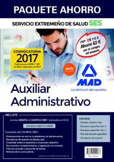 paquete ahorro auxiliar administrativo del servicio extremeño de salud. (incluye temario comun y test; temarios                   rios especificos 1 y 2; test temario especifico; simulacros de examen-9788414210567